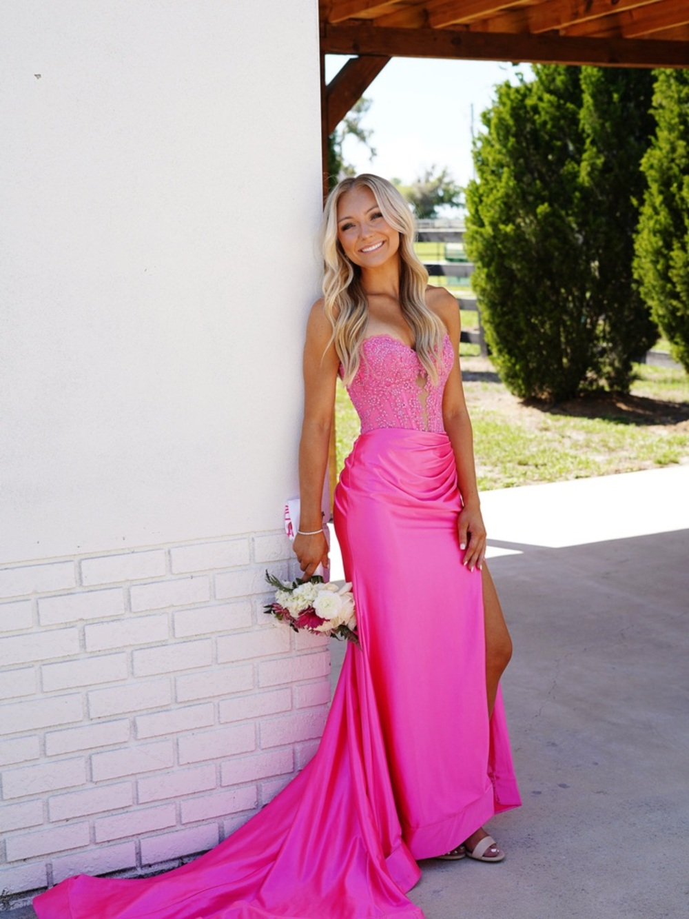 Sherri Hill Hot Pink Strapless Beaded Lace Prom Gown - Picture 1 of 4